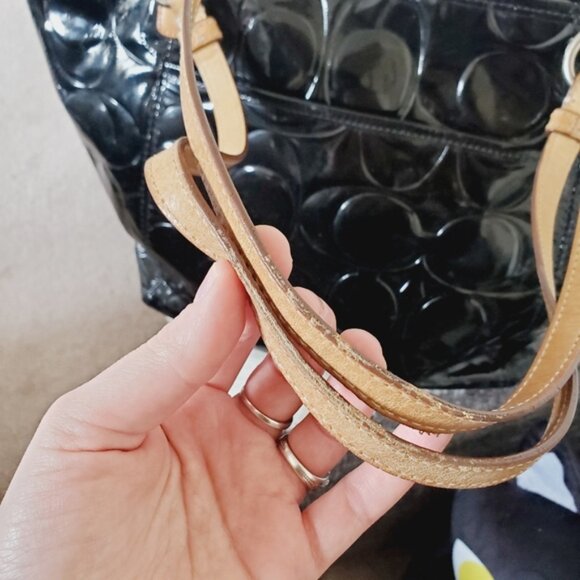 COACH Leah Signature Y2K Black Embossed Patent & Tan Leather Tote Bag - Picture 4 of 8